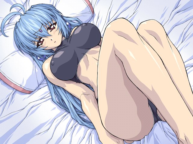1girl, alicia_(brave_soul), alicia_mcfadden, bed, blue_hair, bra, brave_soul, breasts
