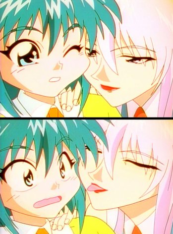 2girls, 90s, blue_eyes, bokuseiinmonzeninari_sakura, cheek-to-cheek, fox, green_hair, hyper_police