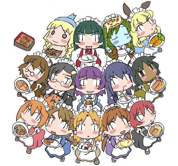 6+girls, 80s, :d, animal_ears, beanie, black-framed_eyewear, black-framed_glasses, black_eyes, black_hair, blonde_hair, blue_skin, blush, blush_stickers, brown_eyes, brown_hair, chikoi, closed_eyes, crazy_eyes, danbai, dark_skin, dorei, dunbine, empty_eyes, everyone, flower, food, frills, futaba_channel, green_hair, hair_flower, hair_ornament, hat, hidoi, holding, inai, kudoi, kurai_(nijiura_maid), kurai_(nijiura_maids), long_hair, looking_at_viewer, madoi, maid_headdress, medoi, modoi, multiple_girls, nemui, nijiura_maids, nijiuramaid, o_o, oldschool, open_mouth, pince-nez, purple_hair, rabbit_ears, seisenshi_dunbine, shibai, shitai, sidelocks, simple_background, smile, standing, tray, usai, wavy_hair, white_background, wide-eyed, yakui, yowai
