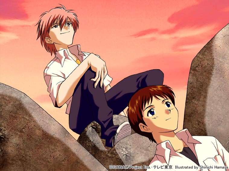 2boys, blue_eyes, brown_eyes, hamaya_shin'ichi, ikari_shinji, male_focus, multiple_boys, nagisa_kaworu
