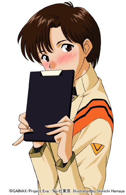 1girl, androgynous, blush, brown_eyes, brown_hair, clipboard, hamaya_shin'ichi, ibuki_maya