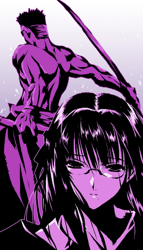 1boy, 1girl, black_lagoon, glasses, matsuzaki_ginji, monochrome, muscle, sakura_nitouhei