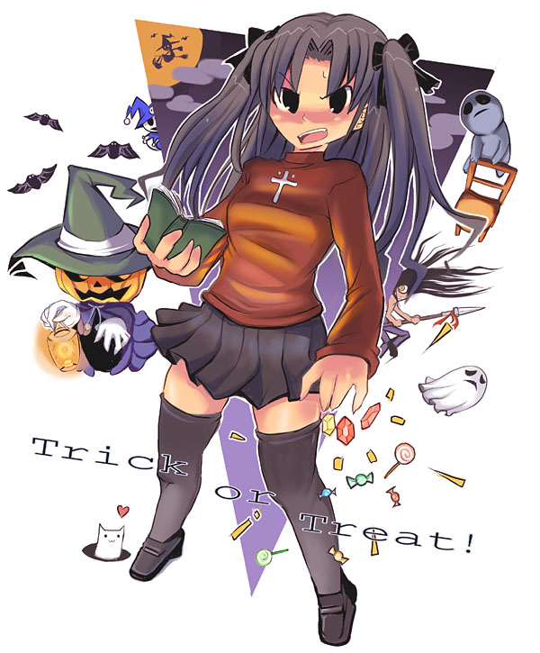 1girl, atlus, black_legwear, book, candy, character_request, crossover, fate/stay_night, fate_(series), ghost, halloween, jack_frost, megami_tensei, miniskirt, persona, pleated_skirt, pumpkin, sasago_kaze, shin_megami_tensei, skirt, solo, thigh-highs, tohsaka_rin, trick_or_treat, turtleneck, twintails, type-moon, zettai_ryouiki