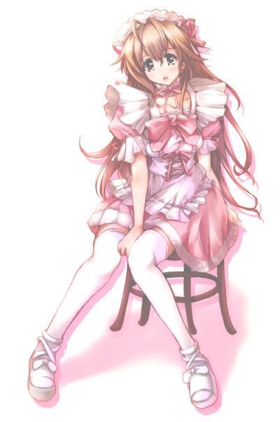 blush, bow, brown_eyes, brown_hair, chair, choker, frills, hairband