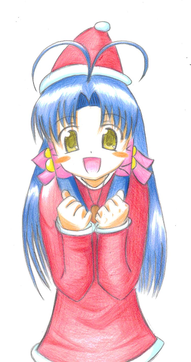 aoba_kozue, bad_id, bell, blue_hair, christmas, hair_ribbon, hair_ribbons, hat