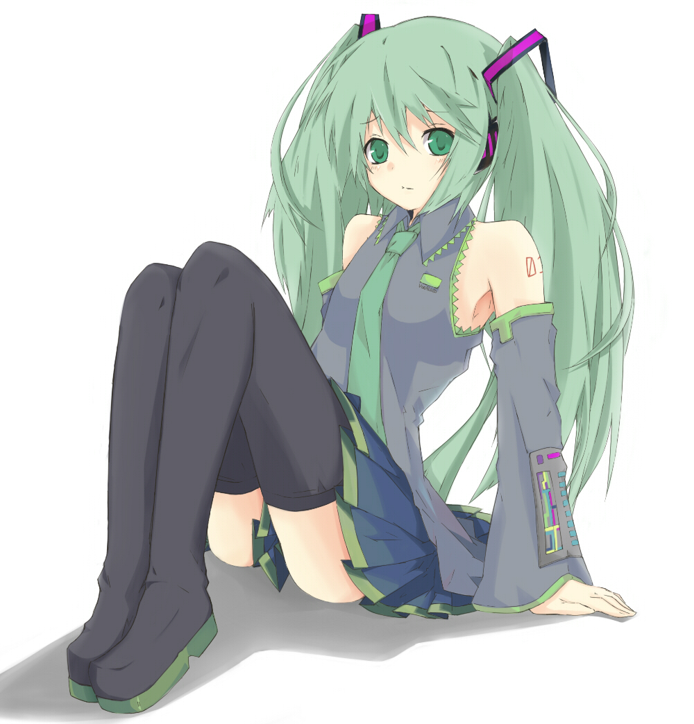 detached_sleeves, green_eyes, green_hair, hatsune_miku, headset, kitsune_(artist), kitsune_(scaz), long_hair, necktie, skirt, sleeveless_shirt, thigh-highs, thigh_boots, thighhighs, twintails, vocaloid