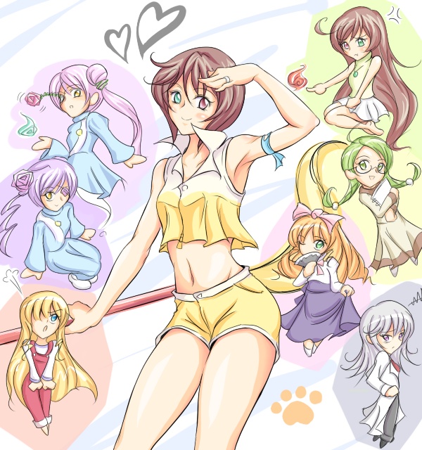 00s, 6+girls, arm_up, armlet, armpits, artist_request, bare_shoulders, blonde_hair