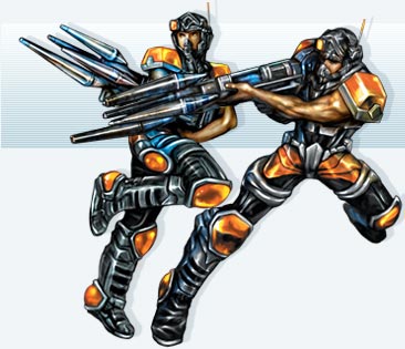 2boys, bodysuit, eternal_chaos, full_body, gradient, gradient_background, gun, helmet