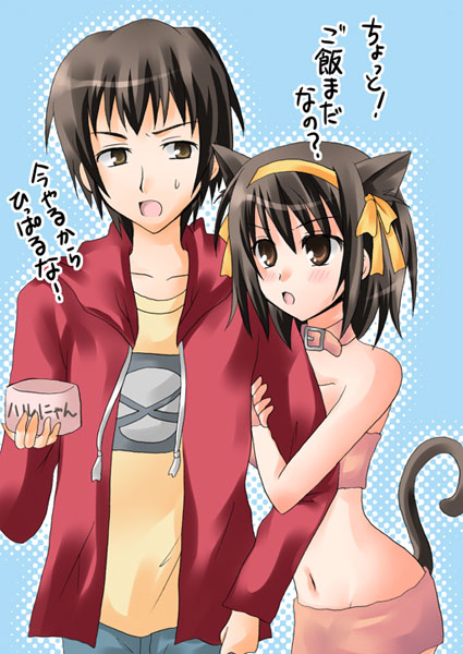 1boy, 1girl, animal_ears, bow, brown_hair, cat_ears, cat_tail, choker
