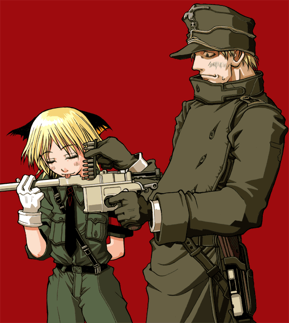 2boys, animal_ears, artist_request, blonde_hair, captain_(hellsing), cat_ears, clip_(weapon), gloves