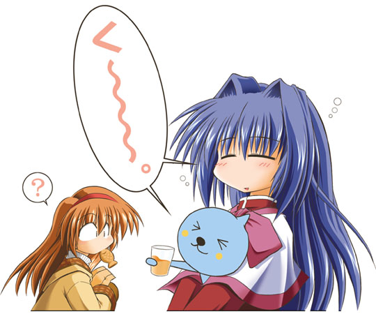 >_<, 2girls, ?, artist_request, blue_eyes, blue_hair, brown_hair, closed_eyes, coat, creature, drink, eating, empty_eyes, food, glass, hair_intakes, hairband, holding, kanon, liquid, long_hair, long_sleeves, minase_nayuki, multiple_girls, qoo_(character), sailor_collar, school_uniform, serafuku, simple_background, spoken_blush, spoken_question_mark, surprised, taiyaki, transparent, tsukimiya_ayu, wagashi