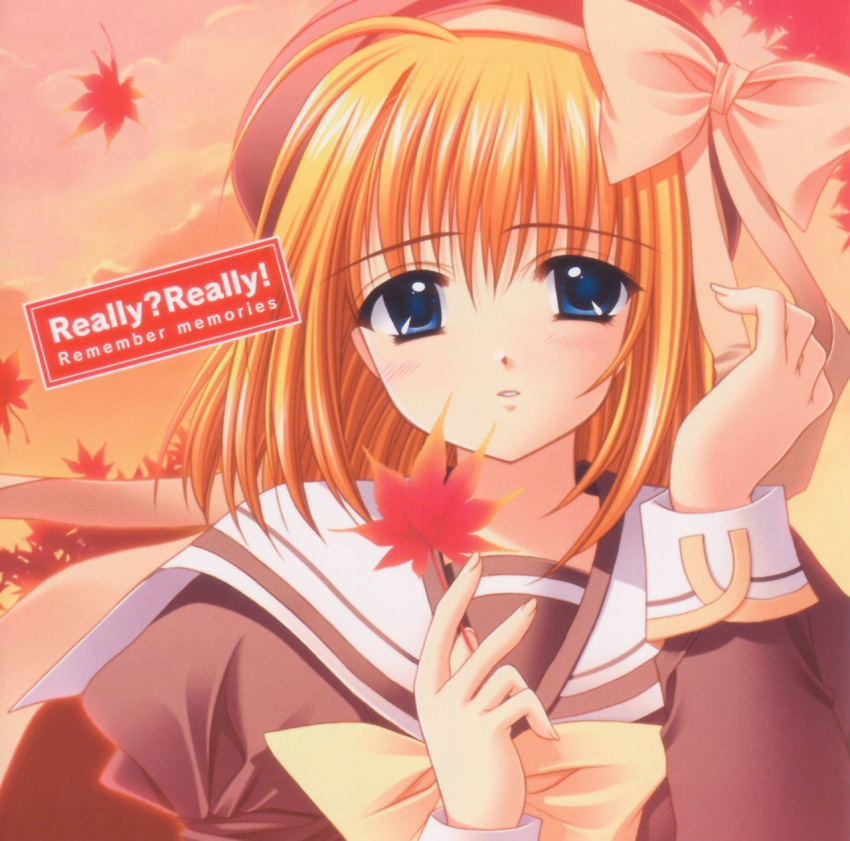 1girl, autumn, autumn_leaves, fuyou_kaede, highres, leaf, maple_leaf, nishimata_aoi, official_art, really?_really!, school_uniform, serafuku, shuffle!, solo