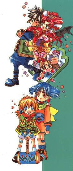 2boys, 3girls, blonde_hair, blue_boots, blue_hair, boots, chibi, elena_(grandia)