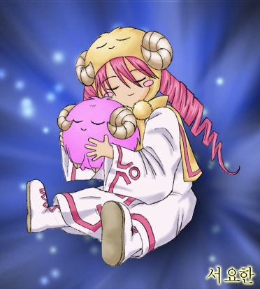 1girl, blush_stickers, closed_eyes, duel, duel_monster, hug, long_hair, lowres