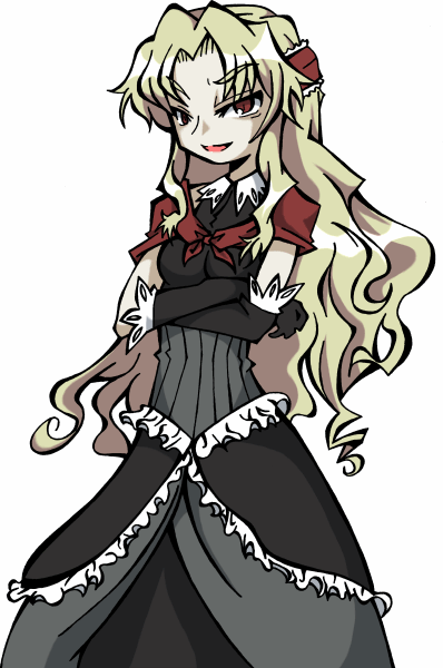1girl, black_dress, black_gloves, blonde_hair, bow, bowtie, cowboy_shot, coyote_ragtime_show