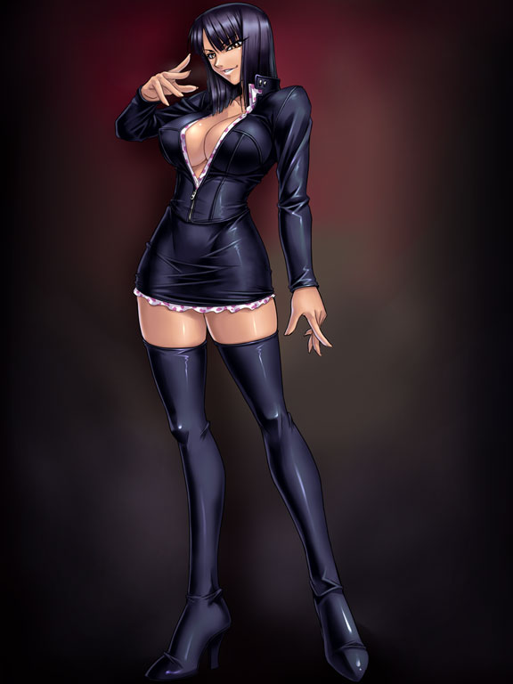 1girl, arm_at_side, black_hair, boots, breasts, cleavage, dress, enies_lobby, female, full_body, high_heel_boots, high_heels, kagami_hirotaka, large_breasts, long_sleeves, medium_hair, nico_robin, one_piece, polka_dot, solo, standing, thigh-highs, thigh_boots, unzipped, zettai_ryouiki
