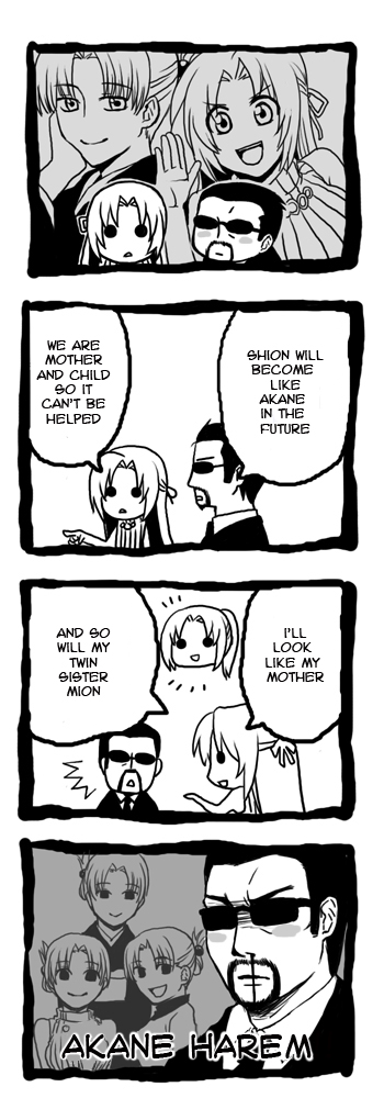 1boy, 3girls, 4koma, beard, blood, comic, facial_hair, folded_ponytail