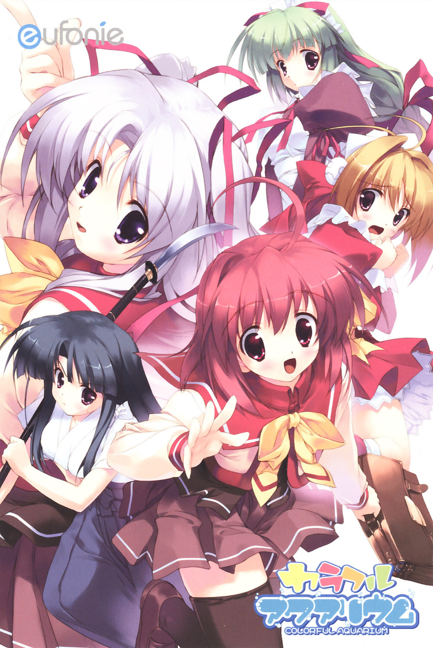 5girls, ahoge, antenna_hair, apron, arisa_aix-les-bains, bag, bangs, black_hair