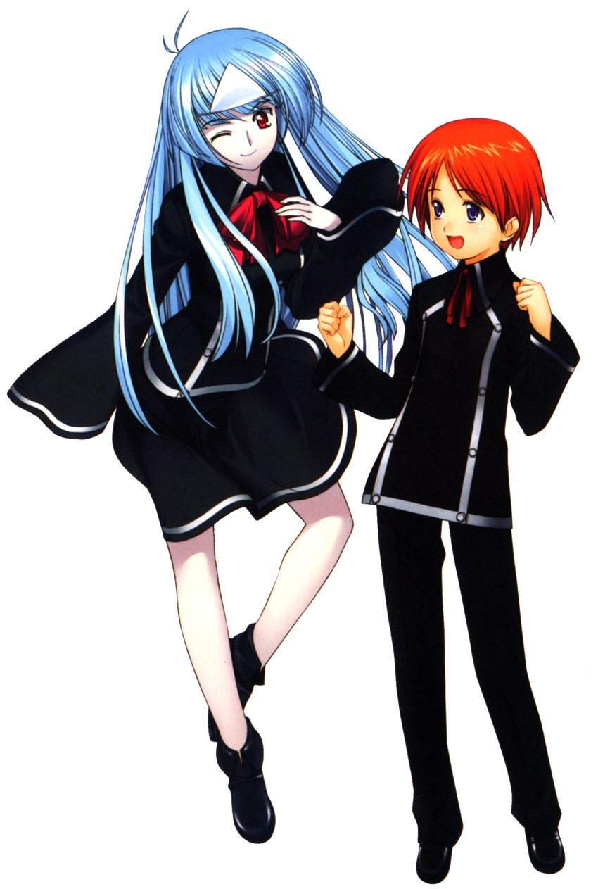 2girls, absurdres, full_body, highres, multiple_girls, one_eye_closed, quiz_magic_academy, satsuki_(quiz_magic_academy), transparent_background, wink, yuu_(quiz_magic_academy)