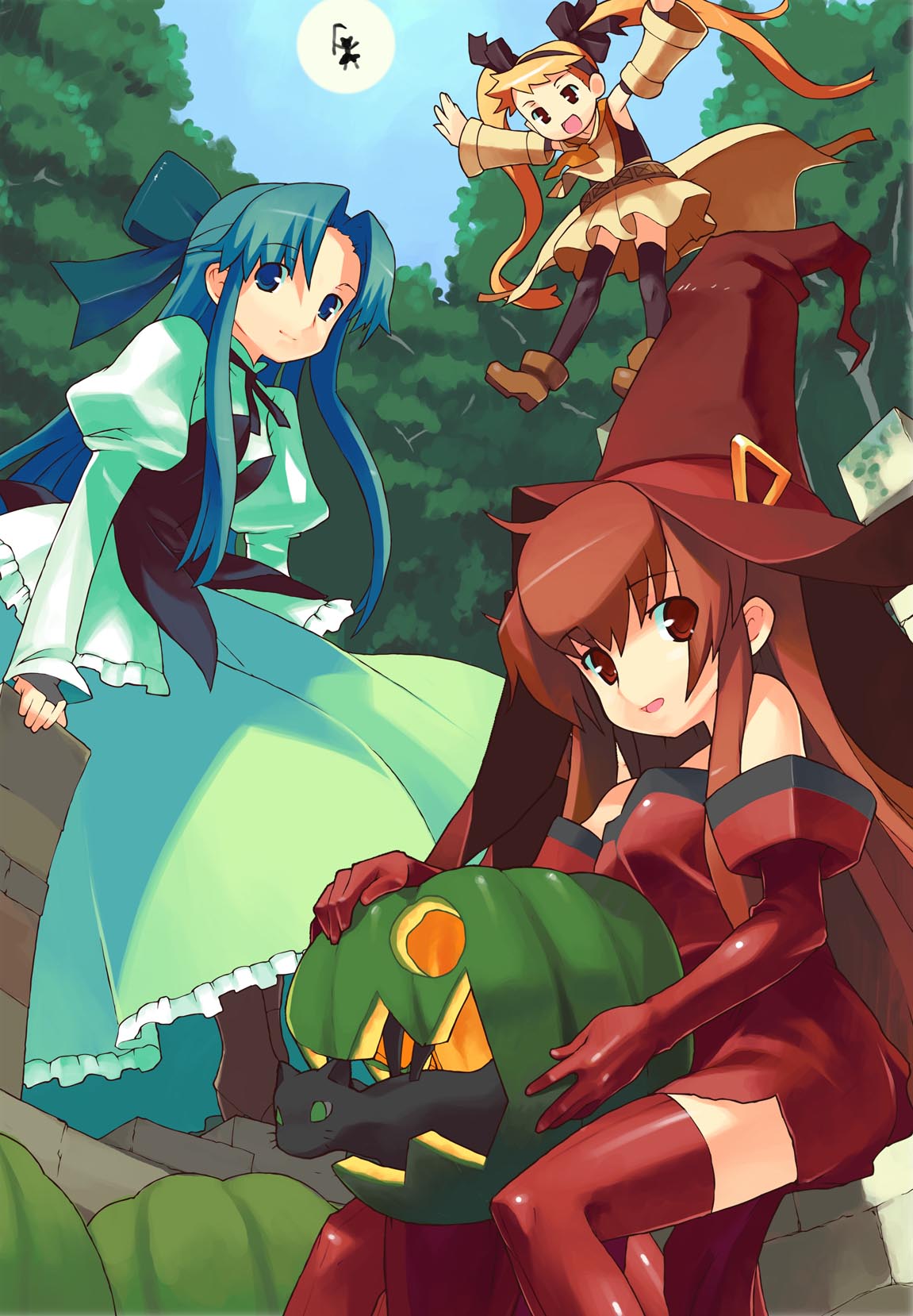 4girls, belt, black_legwear, blue_eyes, blue_hair, bow, cat, cierra