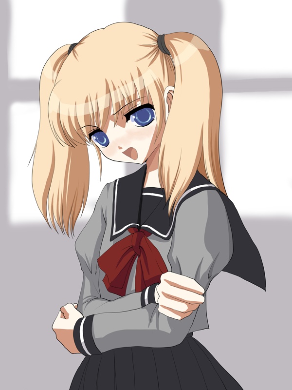 >:d, 1girl, :d, bangs, blue_eyes, bow, bowtie, crossed_arms