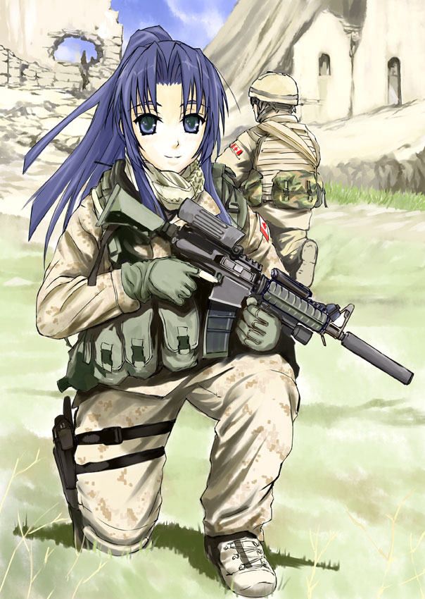 assault_rifle, blue_eyes, blue_hair, camouflage, canada, digital_camouflage, funeral_(artist), funeral_(pixiv_471657)