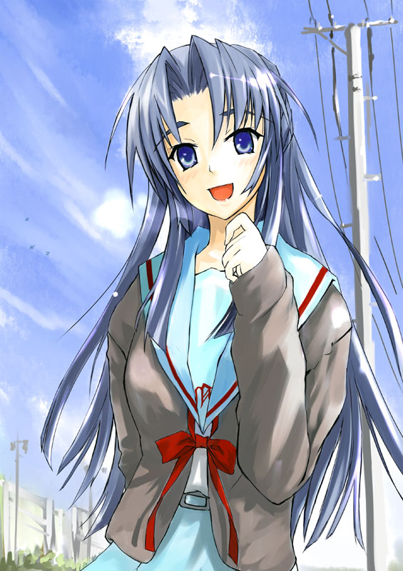 blue_eyes, blue_hair, cardigan, funeral_(artist), funeral_(pixiv_471657), long_hair, power_lines, school_uniform