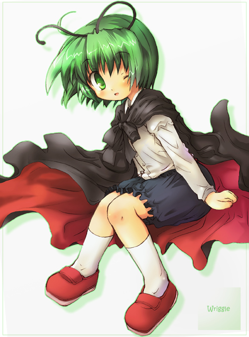1girl, antennae, female, green_eyes, green_hair, one_eye_closed, ozaki, ozaki_(ko-zaki)
