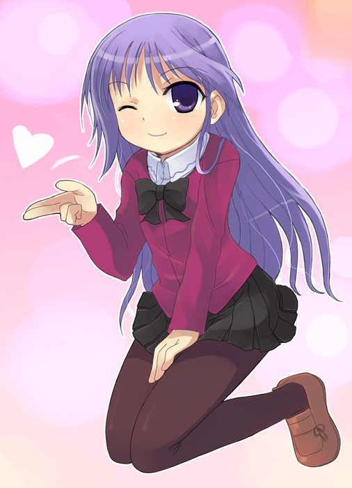 1boy, ;), bangs, black_skirt, blown_kiss, bow, bowtie, brown_shoes