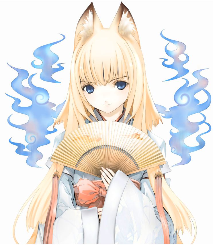 animal_ears, blonde_hair, blue_eyes, fan, folding_fan, fox_ears, houden_eizou, japanese_clothes, long_hair, miko, original, senpen, tenko_kuugen, wagaya_no_oinari-sama