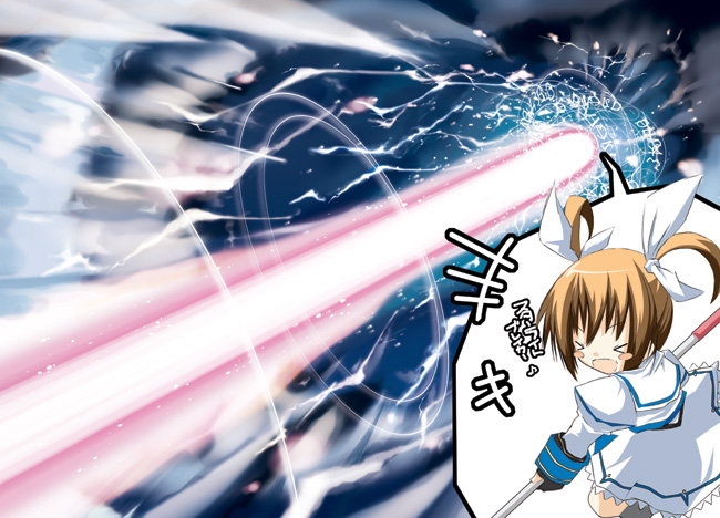 00s, 1girl, chibi, konatsu_karasu, lyrical_nanoha, magic_circle, magical_girl, mahou_shoujo_lyrical_nanoha, raising_heart, solo, starlight_breaker, takamachi_nanoha, translation_request, twintails, white_devil