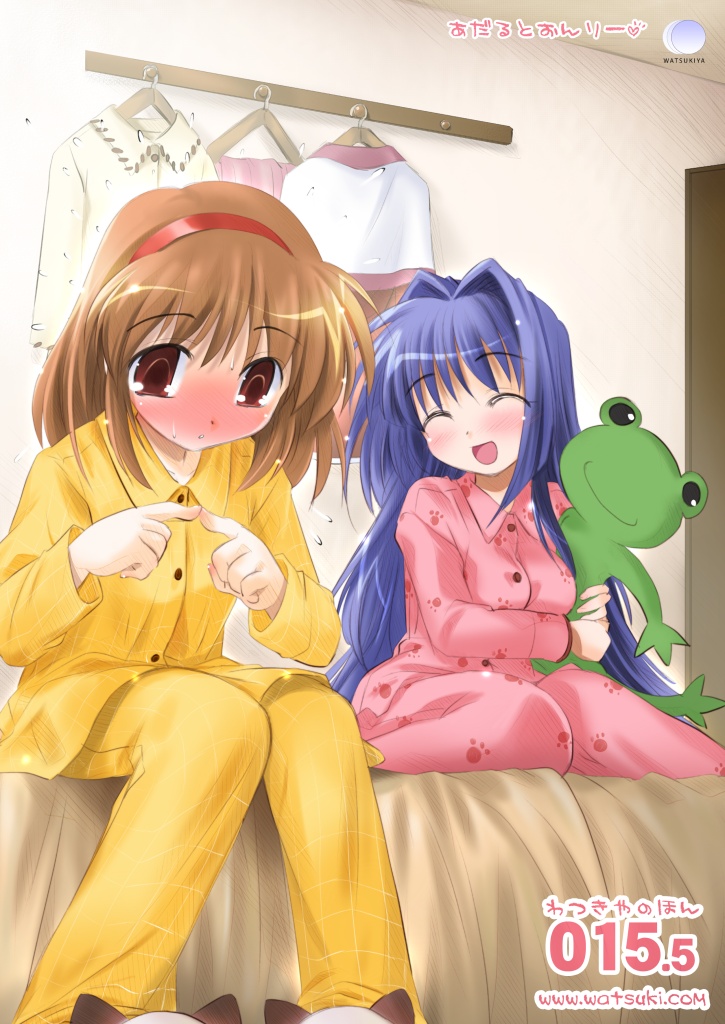 2girls, :d, ^_^, blue_hair, blush, brown_hair, closed_eyes, hair_intakes