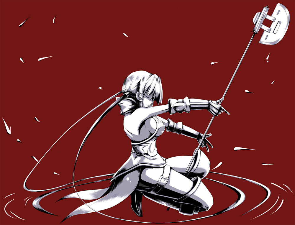 1girl, axe, bare_shoulders, belt, breasts, closed_eyes, fantasy_earth, female