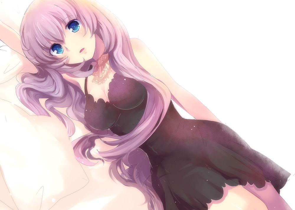 breasts, cleavage, dress, dutch_angle, hikari_no, large_breasts, lingerie, long_hair, looking_at_viewer, lying, megurine_luka, negligee, on_side, pink_hair, underwear, vocaloid