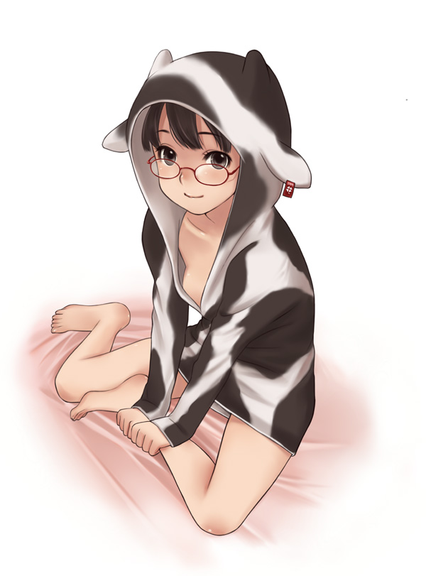 bed, blush, cow_print, down_blouse, glasses, hood, luna2, no_bra
