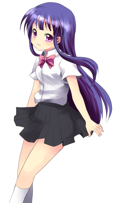 1girl, bangs, black_skirt, bow, bowtie, collared_shirt, furude_rika, higurashi_no_naku_koro_ni, light_smile, long_hair, looking_at_viewer, mei, pink_bow, purple_hair, school_uniform, shirt, short_sleeves, sidelocks, simple_background, skirt, solo, subaru_(yachika), violet_eyes, white_background, white_shirt