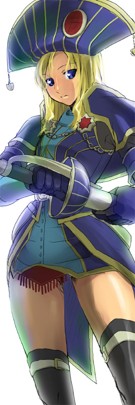 1girl, blonde_hair, blue_eyes, capcom, gradient, gradient_background, long_image, lunastra_(armor)