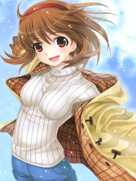 1girl, coat, hairband, kanon, mikazuki_akira!, orange_hair, red_eyes, short_hair, shorts, smile, snow, snowing, solo, sweater, toggle, tsukimiya_ayu, turtleneck
