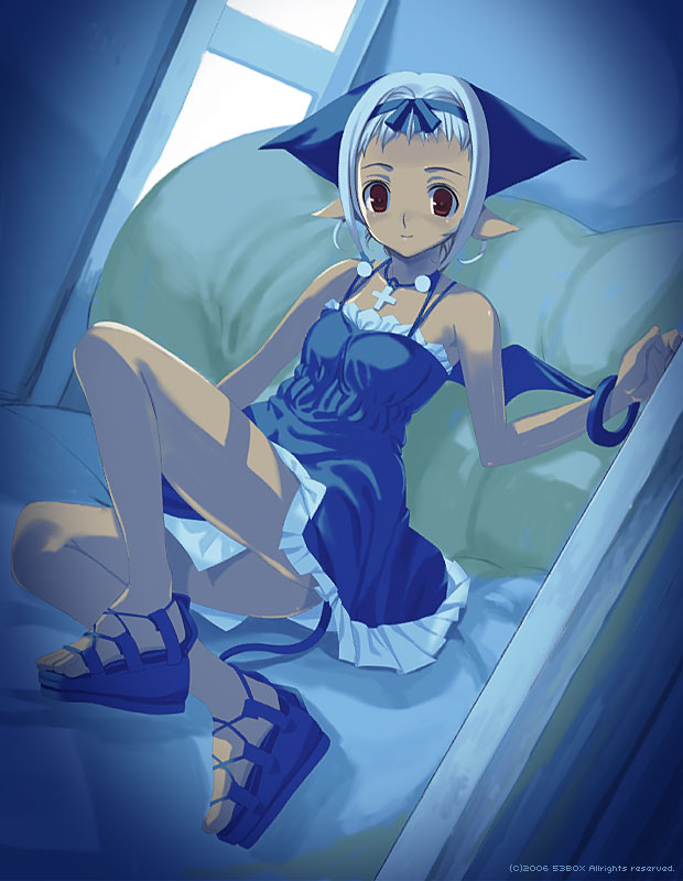 53box, blue_hair, bracelet, cross, dress, earrings, high_heels, jewelry