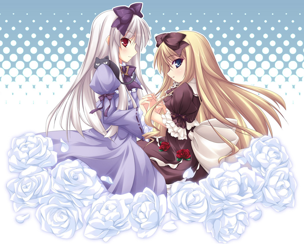 2girls, 3.1-tan, angel_wish, blonde_hair, blue_eyes, bow, cat, cross