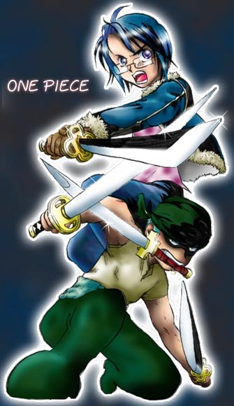 1boy, 1girl, glasses, mouth_hold, one_piece, roronoa_zoro, sandai_kitetsu, shigure_(one_piece), sword, tashigi, triple_wielding, wado_ichimonji, weapon, yubashiri