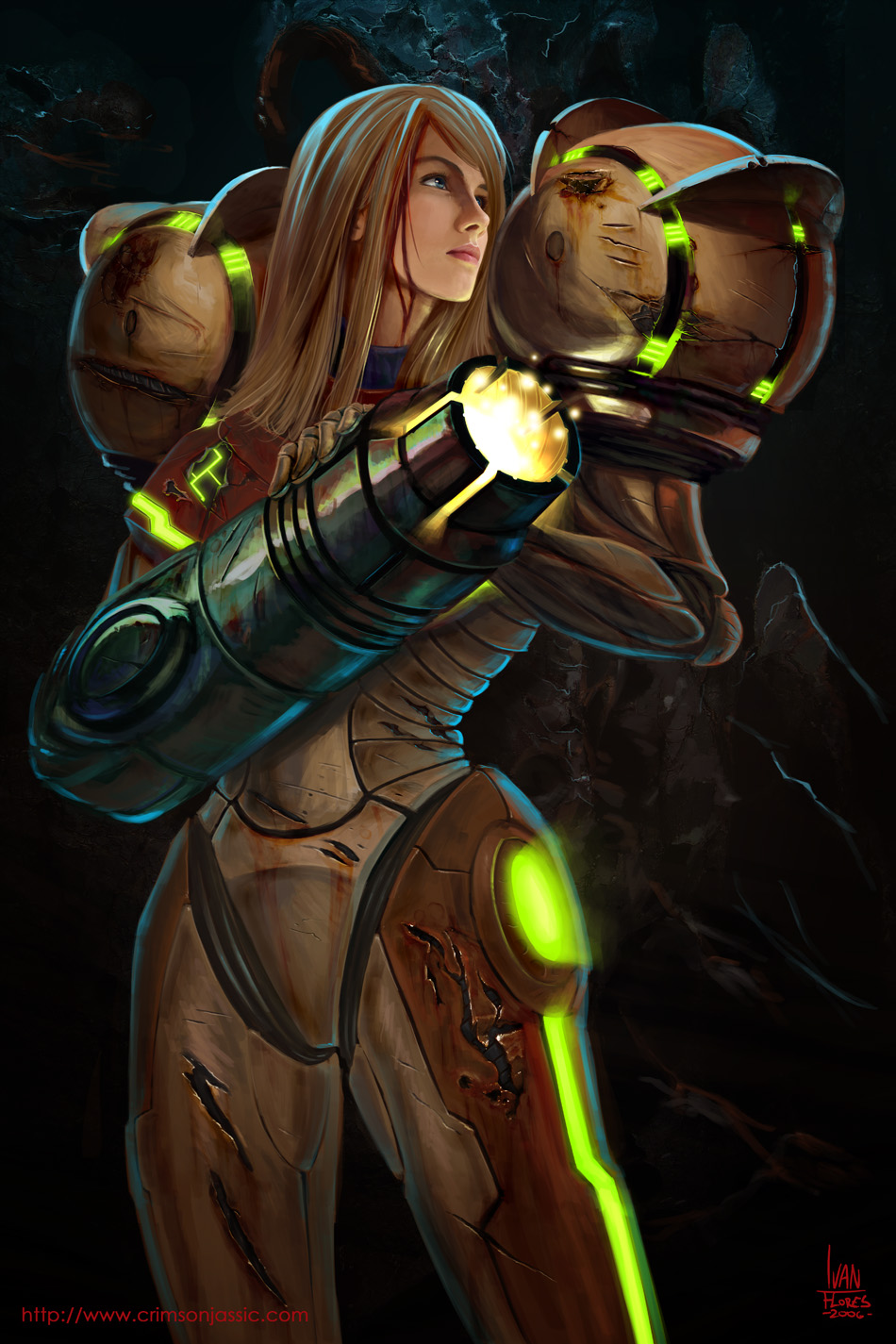 1girl, arm_cannon, armor, blonde_hair, blood, blood_on_face, blue_eyes, derivative_work, glowing, gun, headwear_removed, helmet, helmet_removed, highres, ivan_flores, long_hair, looking_away, metroid, neon_trim, nintendo, power_armor, realistic, samus_aran, signature, solo, standing, varia_suit, watermark, weapon, web_address