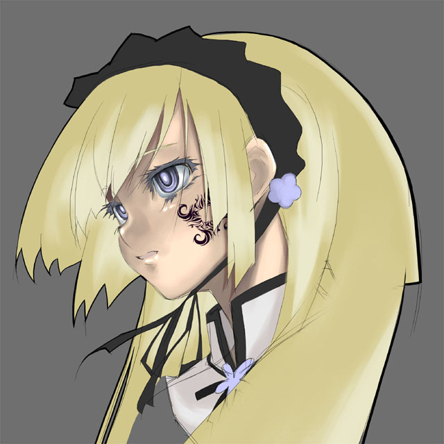 1girl, blonde_hair, gothic_lolita, hortense, iqu, lolita_fashion, long_hair, roman, solo, sound_horizon, tattoo, violette