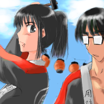 00s, 1boy, 1girl, cosaten, glasses, hammer, hanai_haruki, lantern