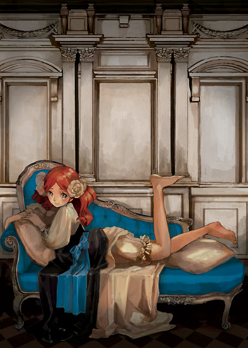 1girl, architecture, barefoot, bloomers, blue_upholstery, bow, couch, dress