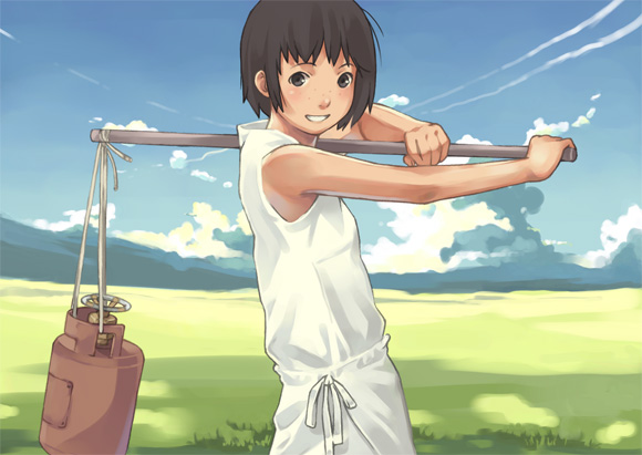 1boy, black_eyes, black_hair, blush, child, clouds, condensation_trail, field, freckles, male_focus, mountain, original, rope, short_hair, sky, smile, solo, stick, studio_qube