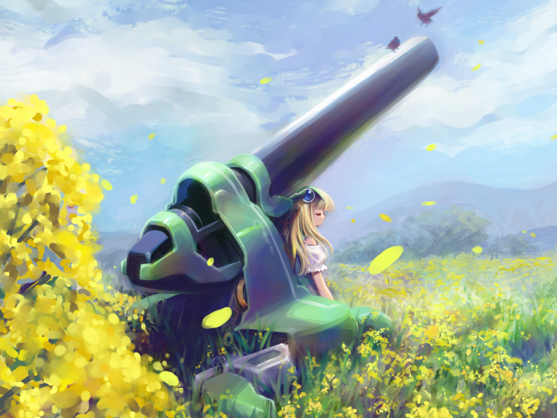 1girl, artillery, bangs, bird, blonde_hair, cannon, closed_eyes, clouds, ein_(long_cake), flower, gadget_trial, game_cg, gun, landscape, loli_battle_machine, mountain, outdoors, peaceful, petals, scenery, sky, sleeping, solo, weapon, yu-ri