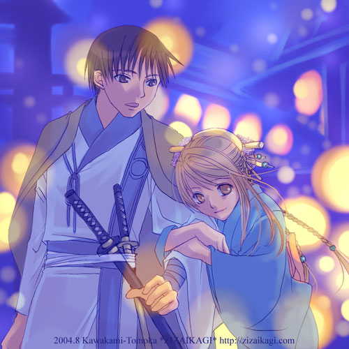1boy, 1girl, arm_hug, armcling, black_hair, blonde_hair, blue, braid