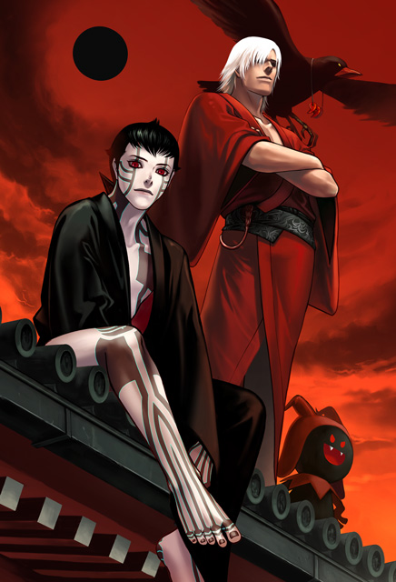 2boys, atlus, bird, black_frost, bodypaint, capcom, crossed_arms, crossover