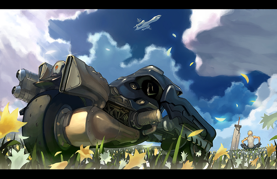 1boy, cloud_strife, fenrir, fenrir_(vehicle), final_fantasy, final_fantasy_vii, final_fantasy_vii_advent_children, highwind